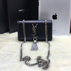 YSL Bolso pequeño de piel con cadena y borlas 17cm Negro Plata