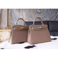 Hermes Kelly 25cm Bolso de piel de becerro Epsom Herrajes de paladio cosidos a mano, Etoupe CK18 RS03907