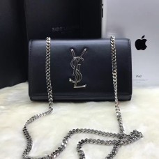 YSL Bolso De Cadena De Cuero Liso 22cm Negro Plata