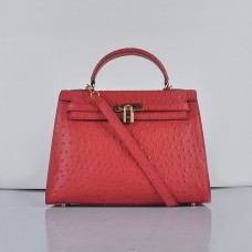 Hermes Kelly 32cm Vena de avestruz 6108 Rojo Dorado