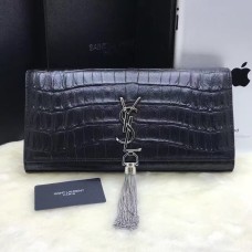 YSL Tassel Clutch 27cm Croco Leather Negro Plata