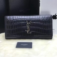 YSL Clutch 27cm Croco Cuero Negro Plata