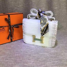 Hermes Constance 23cm Croco Cuero Blanco Gris