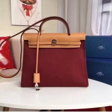 Hermes Herbag 31cm Bolso de lona burdeos
