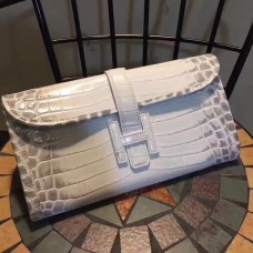 Hermes Jige Clutch 29cm Croco Blanco Gris