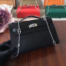 Hermes Mini Kelly 22cm Epsom Cuero Negro Plata Con Correa De Cadena