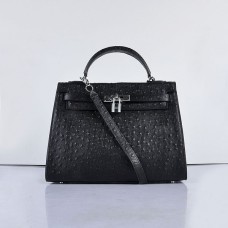Hermes Kelly 32cm Vena de avestruz 6108 Negro Plata