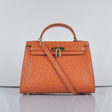 Hermes Kelly 32cm Vena de avestruz 6108 Naranja Dorado