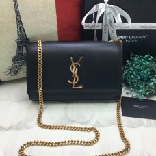 YSL Bolso De Cuero Liso Con Cadena 22cm Negro Dorado