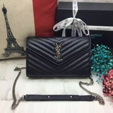 YSL Bolso Sobre Caviar Cuero Negro Plata Cadena 23cm